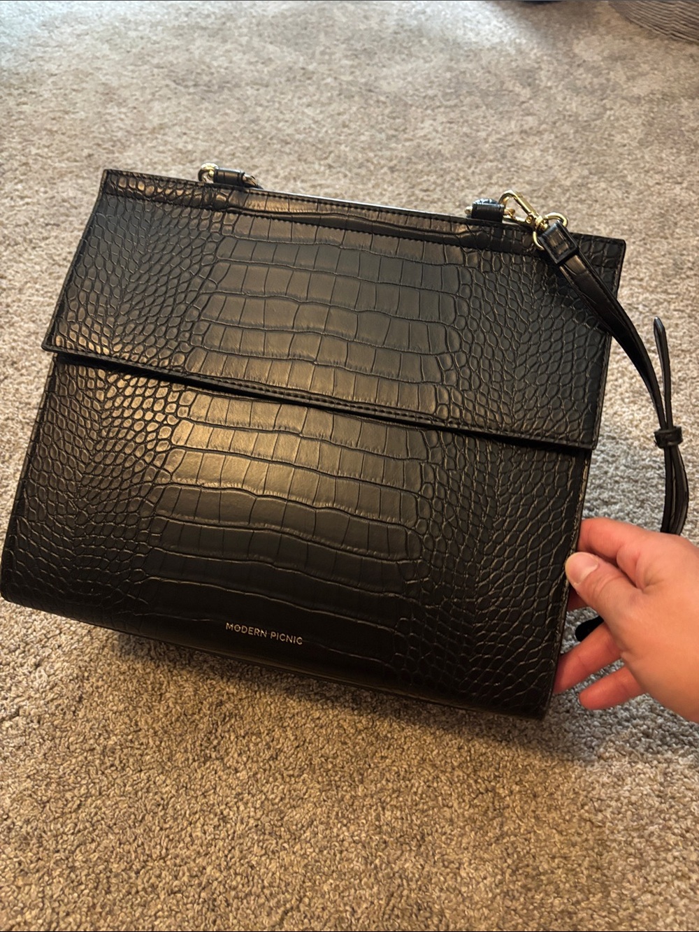 Modern Picnic The Larger Luncher Black Croc-Embossed Leather lunchbox